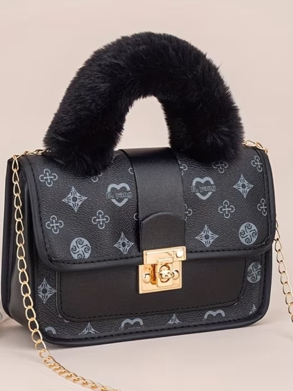 Black Faux-Fur Handle Chain Shoulder Bag